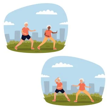 Flat vector image of a biracial couple practicing Tai Chi in a park. Tai Ch.. Ilustração Stock
