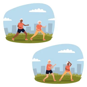 Flat vector image of a biracial couple practicing Tai Chi in a park. Tai Ch.. Ilustração Stock