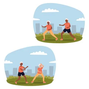 Flat vector image of a biracial couple practicing Tai Chi in a park. Tai Ch.. Stock Illustration
