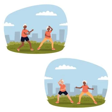 Flat vector image of a biracial couple practicing Tai Chi in a park. Tai Ch.. Ilustração Stock