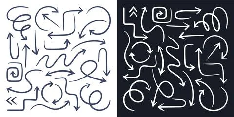 Flat vector image on a black and white background, a set of arrows of differe 库存插图