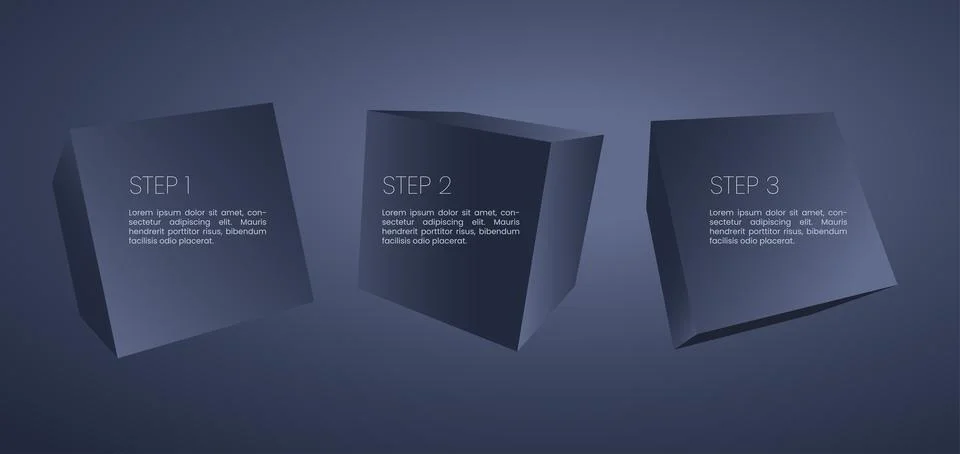 Flat vector image on a black background, 3 large black square with the inscri Stock Illustration