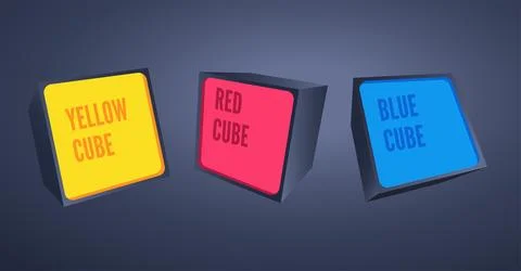 Flat vector image on a black background, 3 large colored cubes with the inscr Stock Illustration