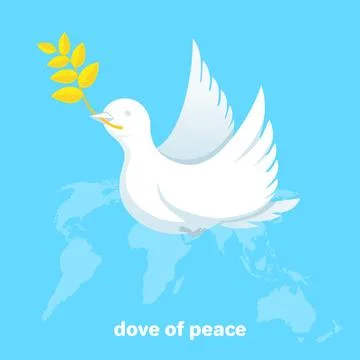 Flat vector image on blue background, white dove of peace, map Ilustración de archivo
