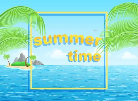 Flat vector image on blue background, summer seascape with the words summer.. Stock Illustration