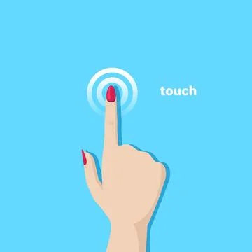 Flat vector image on blue background, hand with finger extended, pressing o.. Stock Illustration