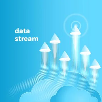 Flat vector image on a blue background, data streams consisting of cones an.. Illustrazione stock