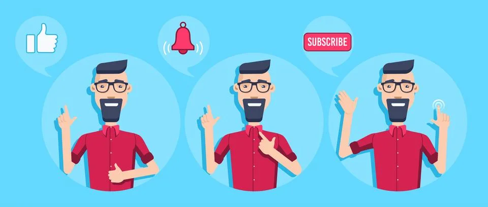Flat vector image on a blue background, a man with glasses and a red shirt of Stock Illustration