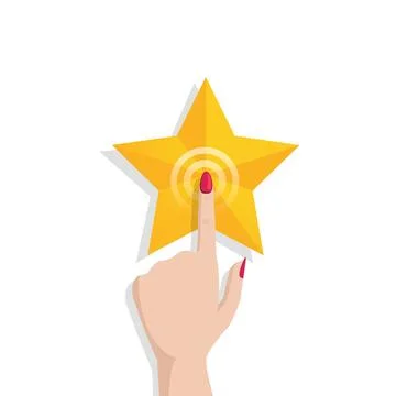Flat vector image on a blue background, a woman's hand points and clicks on a Stock Illustration