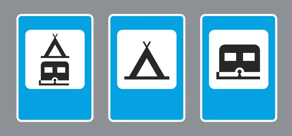 Flat vector image on gray background, camping road signs Stock Illustration