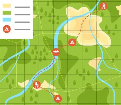 Flat vector image on green background, travel map with highlighted itinerary  Stock Illustration