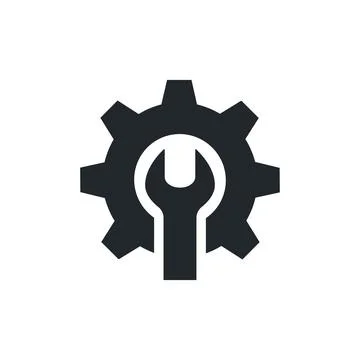 Flat vector image isolated on white background, black icon of gear and wrench Illustrazione stock