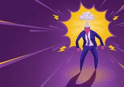 Flat vector image on purple background, angry man in business clothes, nuclea Stock Illustration