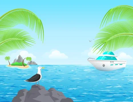 Flat vector image, summer holiday on the sea, palm trees and island against.. イラスト素材