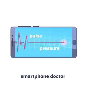 Flat vector image on white background, smartphone with pulsatile red line, .. Stock Illustration
