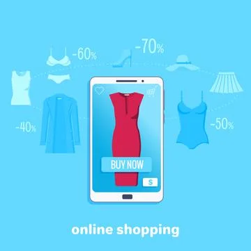 Flat vector image on white background, easy and fast online shopping, a wom.. Stock Illustration