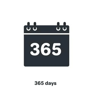 Flat vector image on white background, black color calendar icon, 365 days a  Stock Illustration
