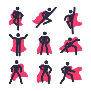 Flat vector image on white background, man silhouette with red cloak icon set Stock Illustration