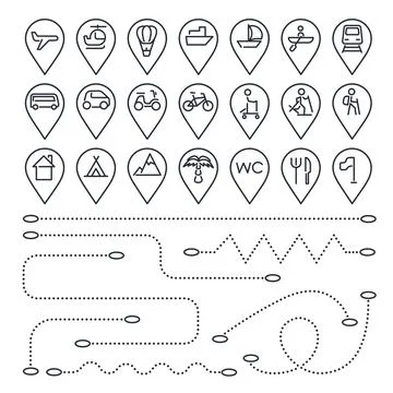Flat vector image on white background, set of linear transport icons in locat 스톡 일러스트