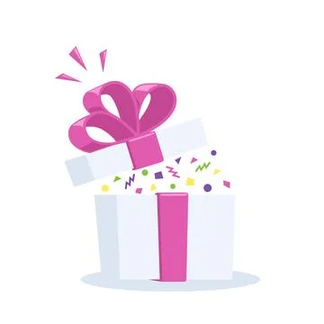 Flat vector image on a white background, box with a festive bow and fireworks Stock Illustration