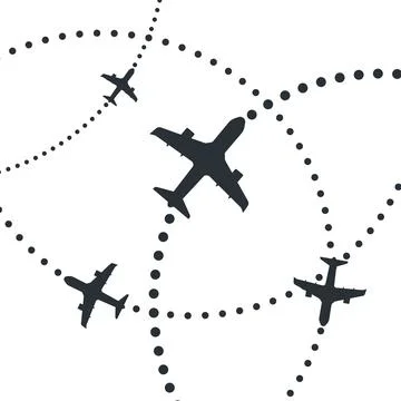 Flat vector image on a white background, airplanes fly along trajectories, fl Stock Illustration