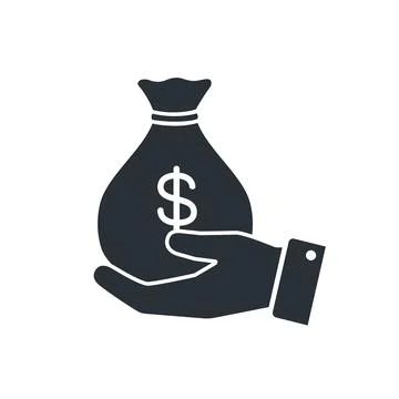 Flat vector image on a white background, a bag of money in the palm of your h Stock Illustration