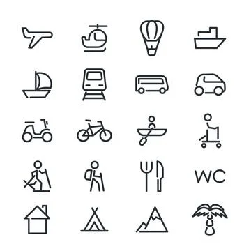 Flat vector image on white background, set of linear transport icons and trav 스톡 일러스트