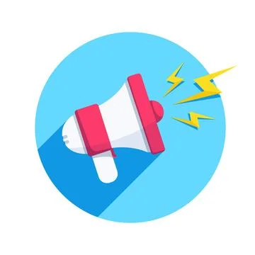Flat vector image on white background, red loudspeaker icon in a blue circle  Illustrazione stock