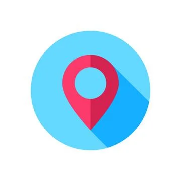 Flat vector image on white background, location icon in a blue circle with sh Illustrazione stock