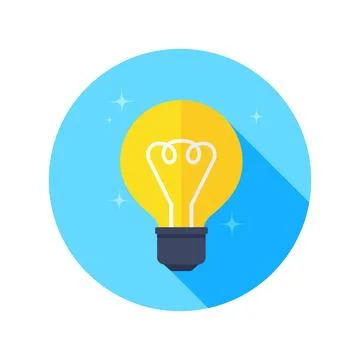 Flat vector image on white background, light bulb icon in a blue circle with  Illustrazione stock