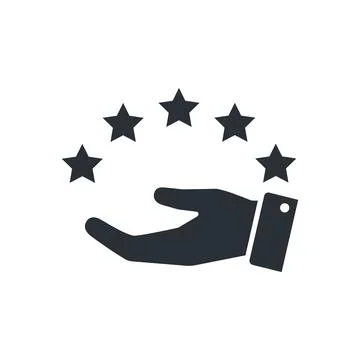 Flat vector image on a white background, hand icon and five black stars above Stock Illustration