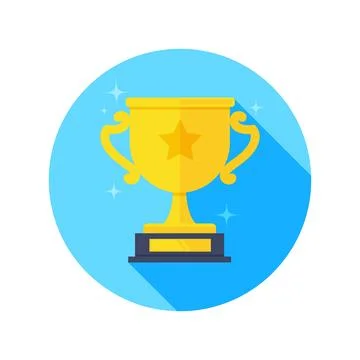 Flat vector image on white background, gold cup icon in a blue circle with st Illustrazione stock
