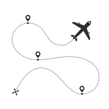 Flat vector image on a white background, airplane icon and the path that he f Stock Illustration