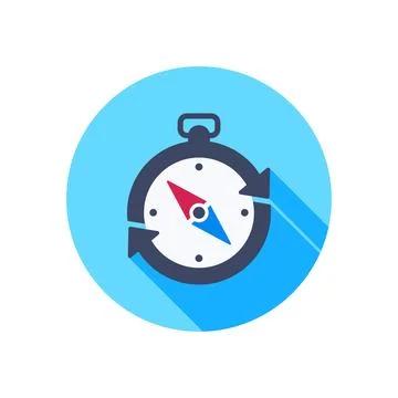 Flat vector image on white background, compass icon with arrows in a blue cir Stock Illustration