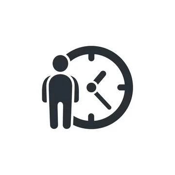 Flat vector image on white background, icon of a man next to the clock, time  Stock Illustration