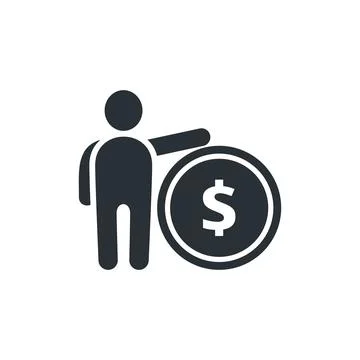 Flat vector image on white background, icon of a man with a coin, receiving m Stock Illustration