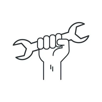 Flat vector image on a white background, linear icon of a hand with a wrench イラスト素材