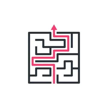 Flat vector image on white background, maze icon with red arrow Ilustración de archivo