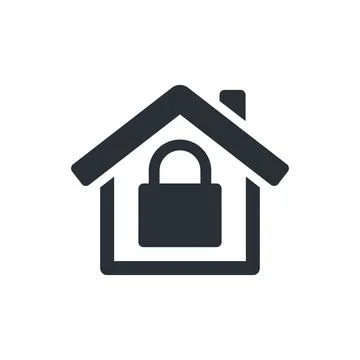 Flat vector image on white background, black and white house icon with lock,  Stock Illustration
