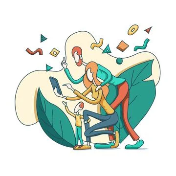 Flat vector image on white background, parents and child with smartphone, par Stockillustratie