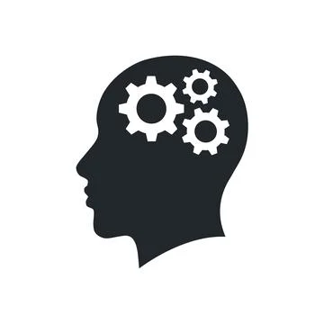 Flat vector image on a white background, head icon with gears inside, brain w Stock Illustration