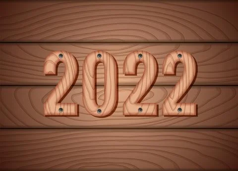 Flat vector image on a wooden background, wooden figures 2022 screwed with se Stock Illustration