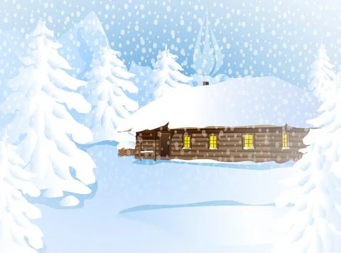 Flat vector image, wooden house in a snowy forest, winter landscape Stockillustratie