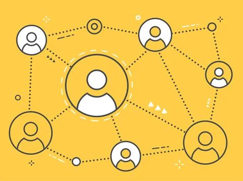 Flat vector image on a yellow background, connections between people, interac Stock Illustration