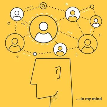 Flat vector image on a yellow background, mans head and connections between p Stock Illustration