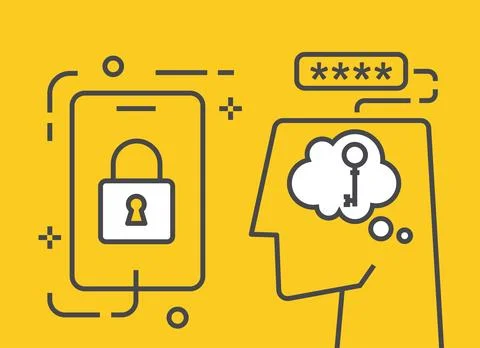 Flat vector image on a yellow background, a mans head and a smartphone with a Stock Illustration