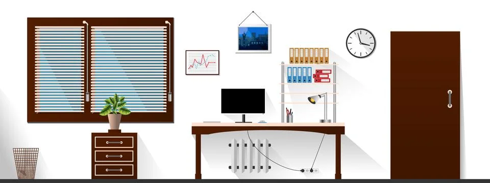Flat vector interior office room with modern furniture in white and brown style. Stock Illustration