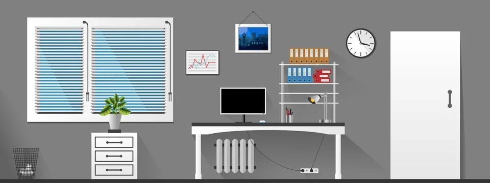 Flat vector interior office room with modern furniture in grey and white styl 库存插图