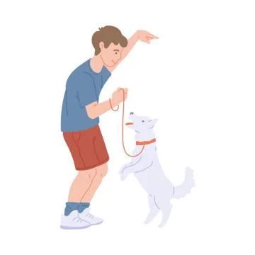 Flat vector isolated illustration of a boy playing with his friend puppy dog Stock Illustration