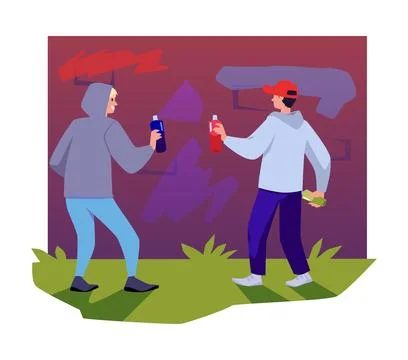 Flat vector isolated illustration of bullies, Vandals damaging city building Ilustración de archivo